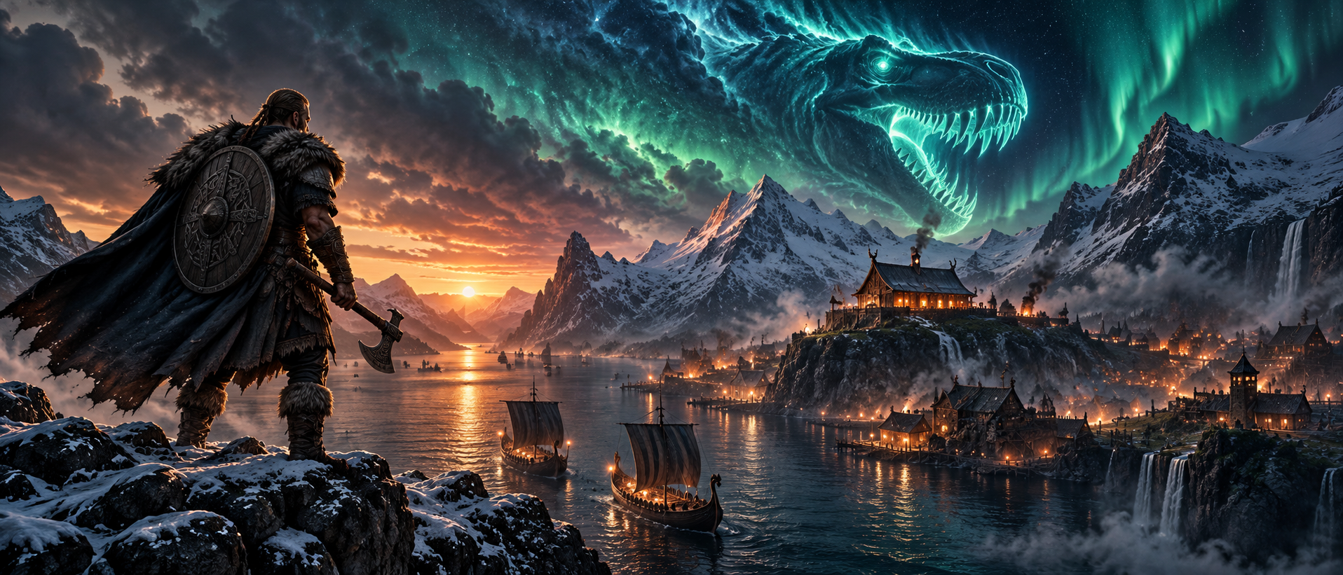 Viking warrior beneath a spectral dinosaur-shaped aurora