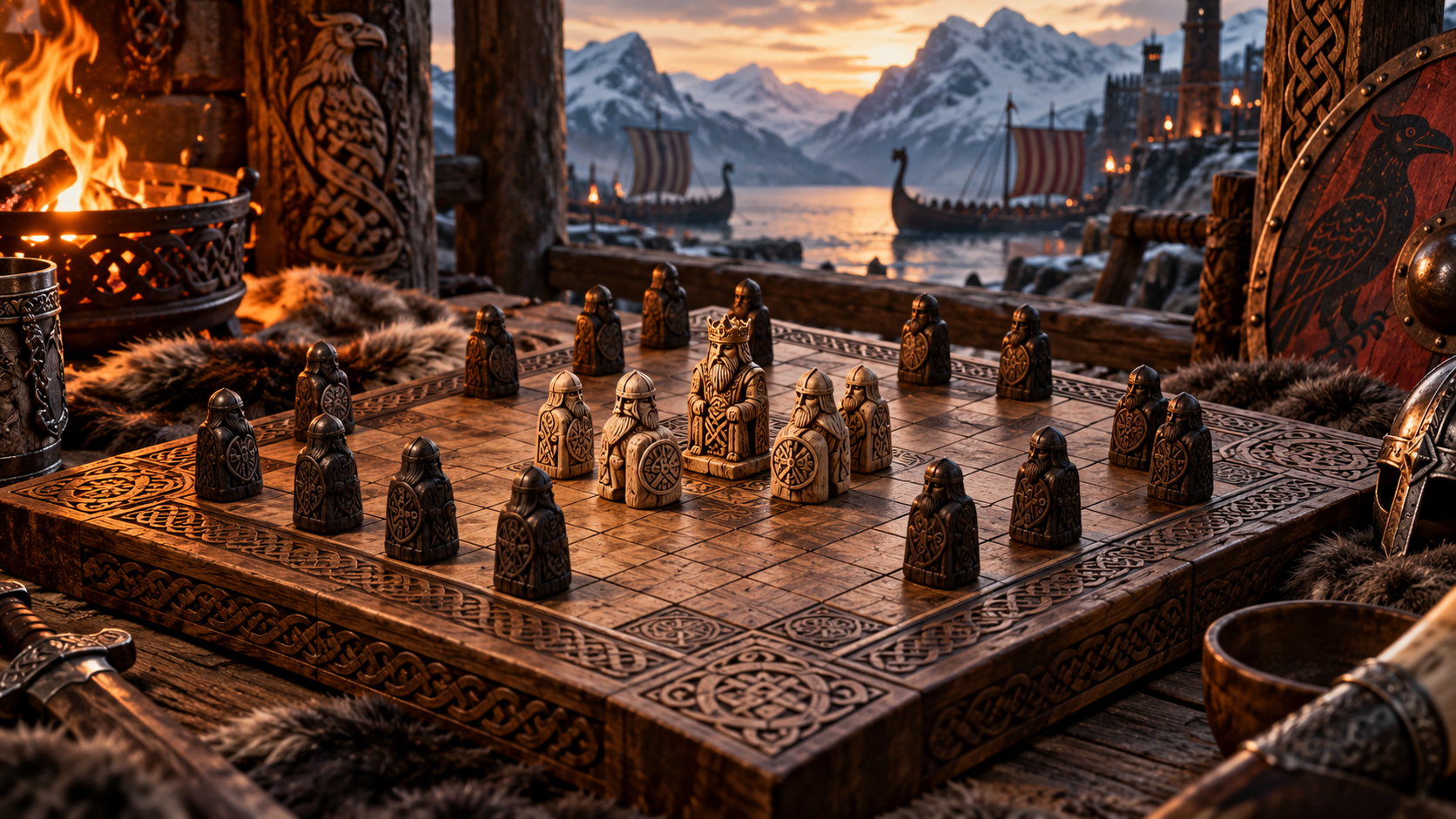 Hnefatafl game board with Viking attacker and defender pieces
