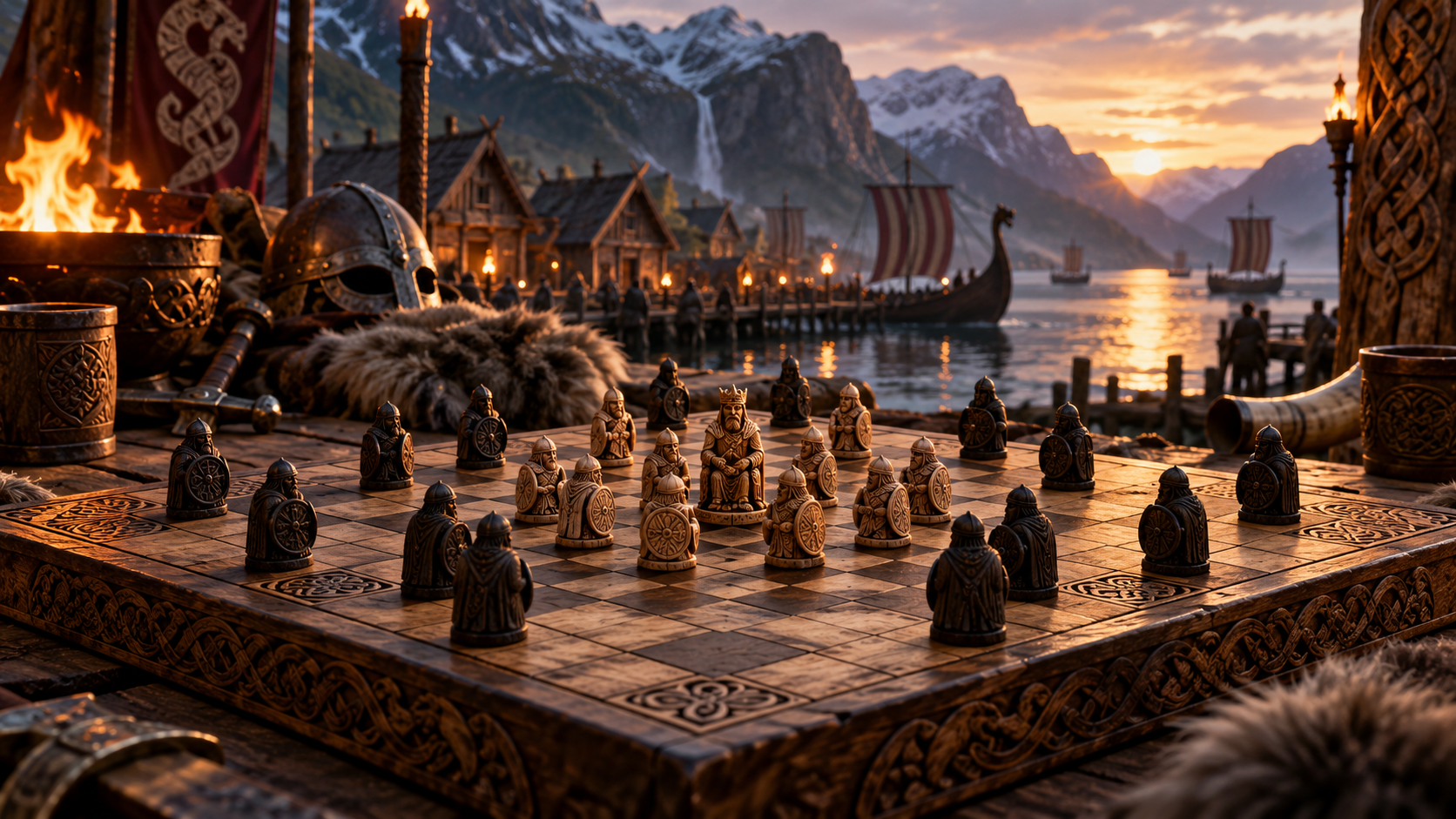 Hnefatafl board by a Viking harbor at sunset
